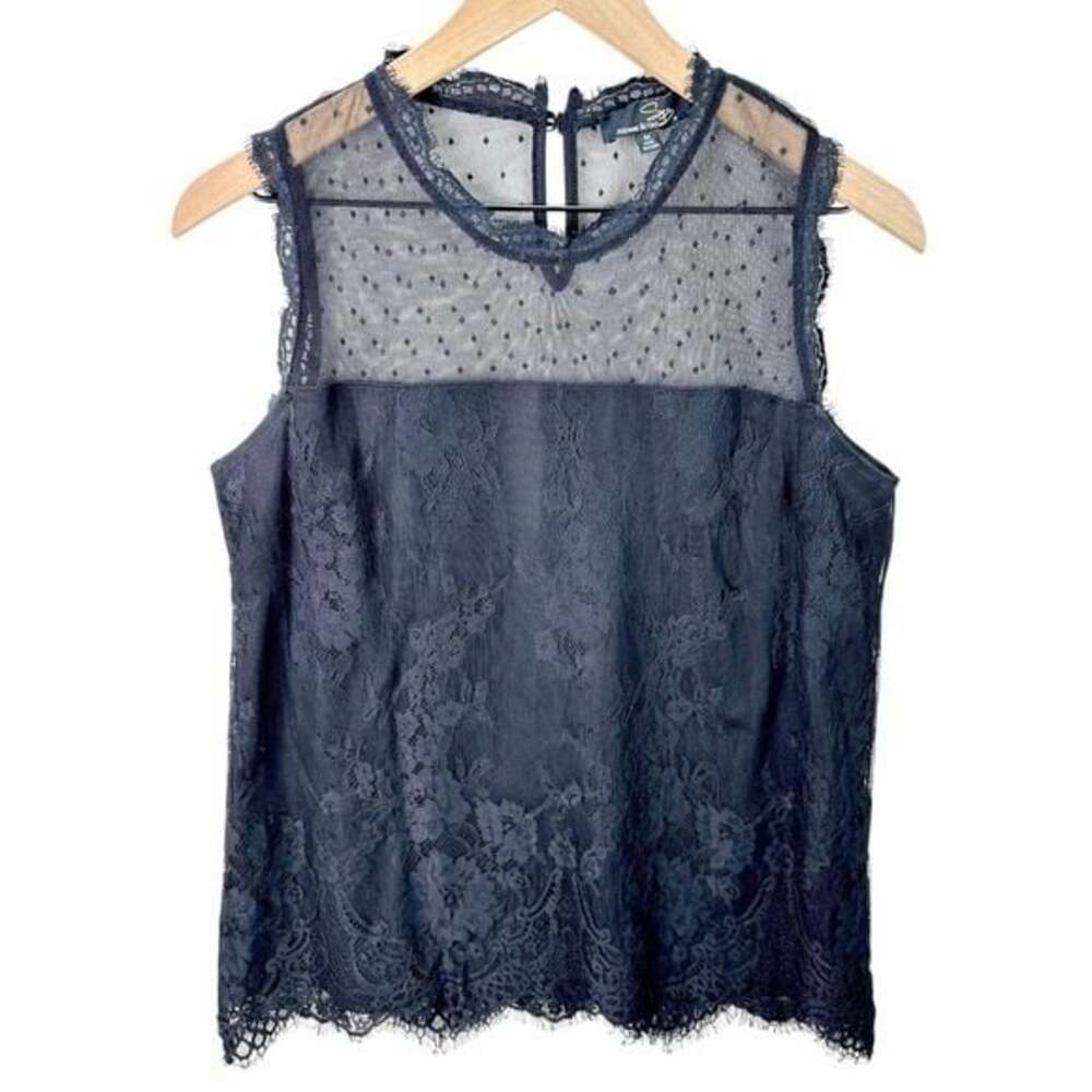 Suzanne Betro Black Lace Dot Mesh Mock Neck Sleeveless Top Womens Size M